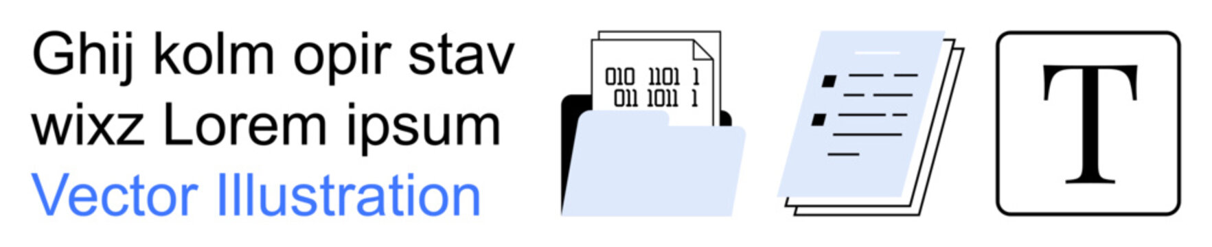Data management, digital organization, document storage, file sharing, office productivity, archiving systems. Folder with binary code, files and text. Data management and digital organization
