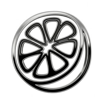 3D Metallic Citrus Orange Slice Icon, Continuous Black and White Line Art, Isolated on White Background (Easy to Make Transparent)