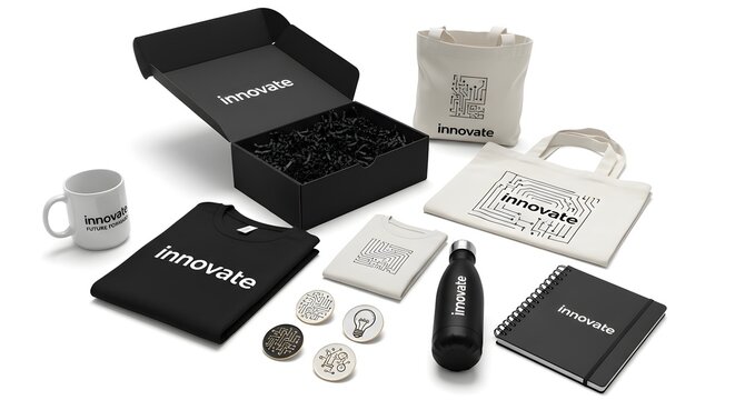 Branding merchandise kit with notebook, tote bag, mug, stickers and pen on white background