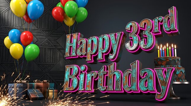 Modern Happy 33rd Birthday Neon Typography with Balloons Cake and Spark Effects