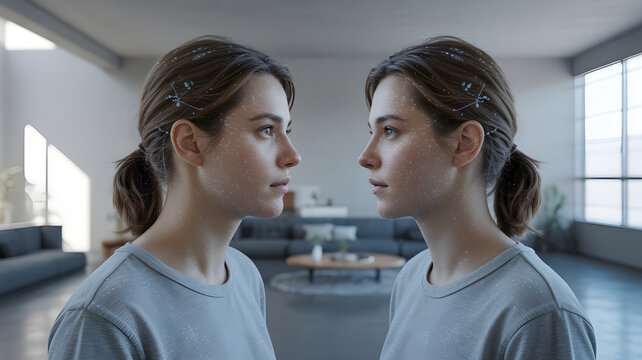 A person interacting with a lifelike digital clone of themselves made of holographic particles, both mirroring each other in a minimalist modern room, high detail, soft lighting, uncanny realism