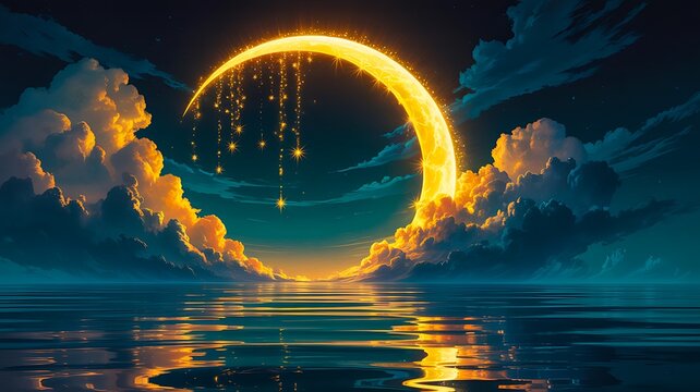 Fantasy glowing moonlight over ocean with dramatic clouds and magical atmosphere
