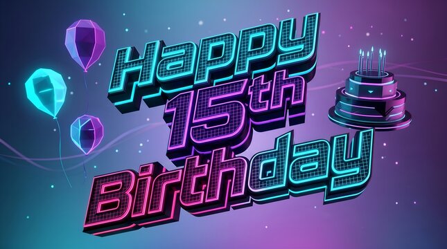 Futuristic Neon Happy 15th Birthday Typography with Glowing Geometric Balloons