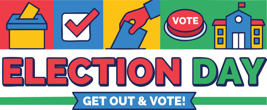 Election Day Banner with Voting Icons Flat Vector Illustration on White