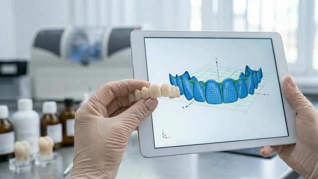 Modern Digital Dentistry: Hands Holding Dental Bridge with 3D CAD/CAM Model on Tablet