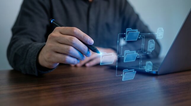Businessman using stylus pen to organize digital folder hierarchy on transparent interface for efficient document management and secure data storage in corporate office