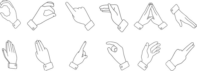 Minimal hand gesture outline collection with expressive finger poses and clean monochrome line art symbols. Modern communication icons for sign language graphics, social media branding and creative in © Parul