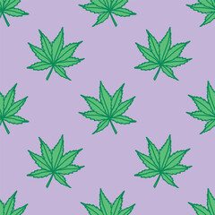 Fototapeta premium Seamless pattern with hand drawn cannabis leaf Medicine marijuana Hemp leaves For decorative print, wrapping paper, fabric, packaging, background