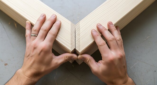 Carpenter joining two wooden beams with miter joints in a workshop