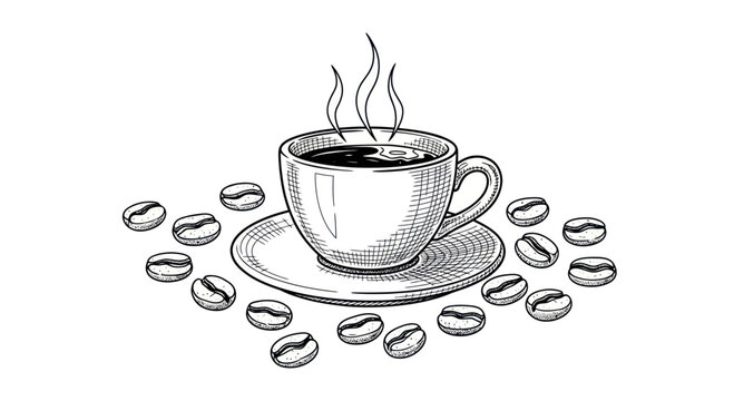 Steaming Cup of Coffee with Beans, Sketch Style