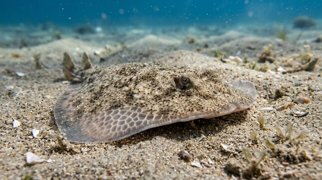 A camouflaged peacock flounder hiding on the sandy ocean floor.