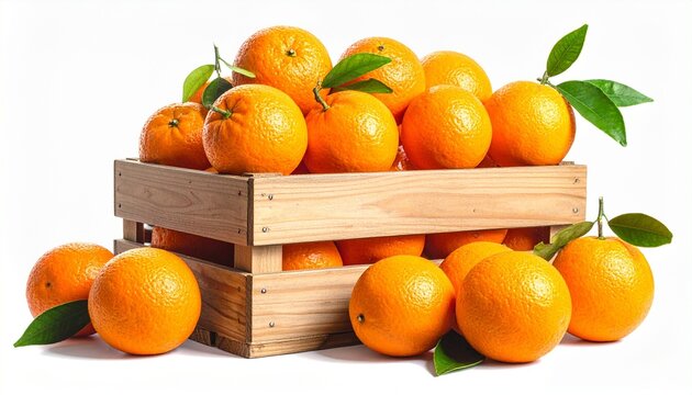 Wooden crate filled with fresh oranges and green leaves