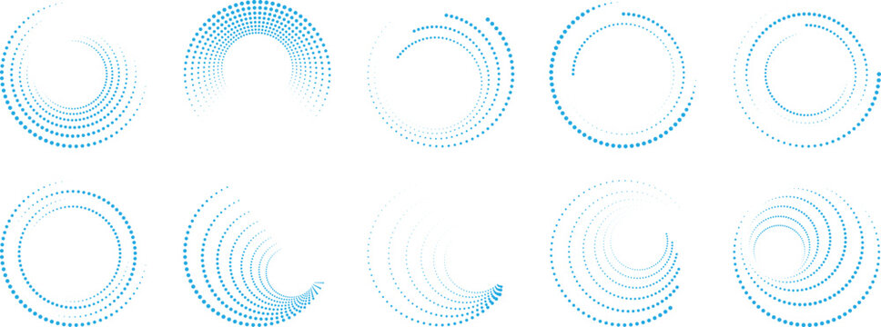 Abstract blue circular swirl collection with dynamic geometric ring patterns and minimal radial motion effects. Modern digital frame elements for technology branding, interface graphics and creative 