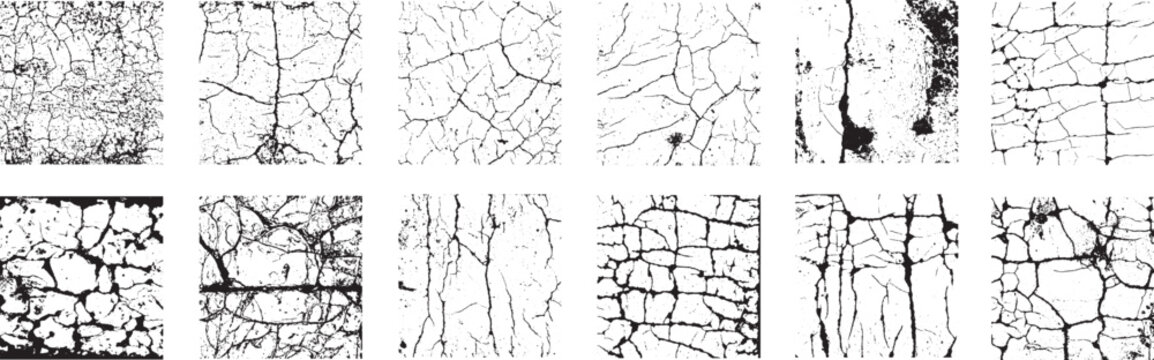 Abstract cracked grunge texture collection with distressed monochrome fracture patterns and rough weathered surface effects. Creative damaged overlays for urban backgrounds, vintage posters and edgy 