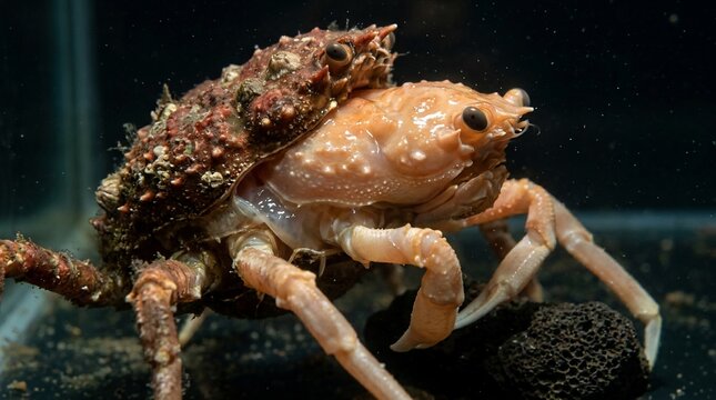 A close up portrait of a spiny king crab underwater.