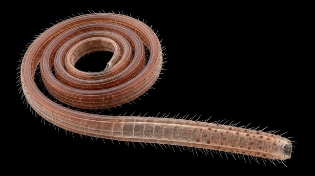 A close up view of a brown segmented worm isolated on a black background.