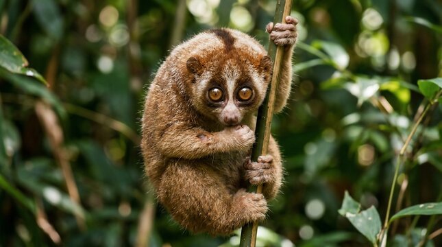 A close-up portrait of a wild slow loris clinging to a tree branch in the tropical rainforest.