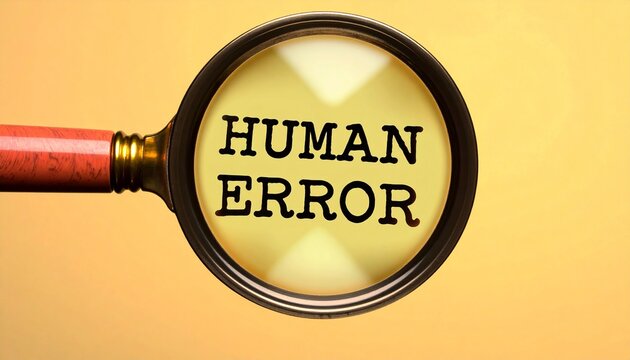 Magnifying glass highlighting misspelled text HUMAN EROR on yellow background