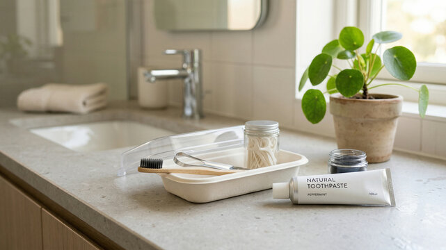 Eco-Friendly Oral Care Kit with Bamboo Toothbrush and Natural Toothpaste in Modern Bathroom