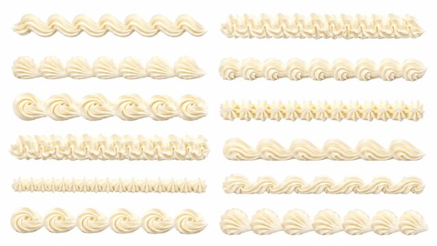 Whipped cream borders set, white buttercream frosting swirls and piping bag patterns, decorative cake icing elements for bakery design