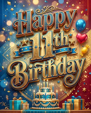 Festive Blue and Gold Birthday Design with Happy 11th Birthday Lettering Cake Balloons and Gifts