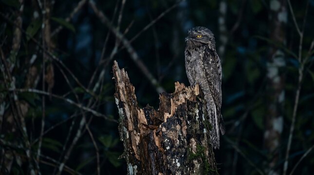 A common potoo bird perched on a broken tree stump in the dark forest.