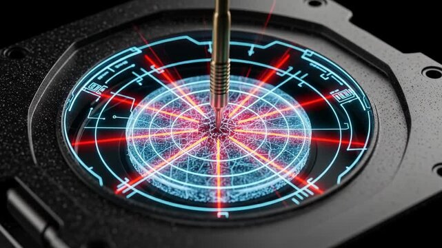 Circular high-tech gauge with blue-red concentric rings and central probe inside a metallic housing