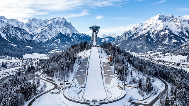 Modern ski jump tower and ramp in snowy Alpine mountain landscape