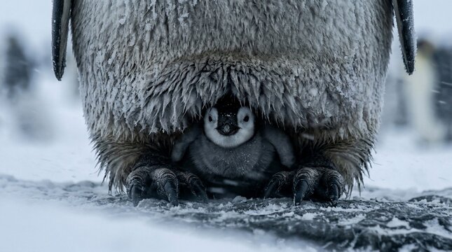 A cute emperor penguin chick hiding under its parent for warmth in Antarctica.