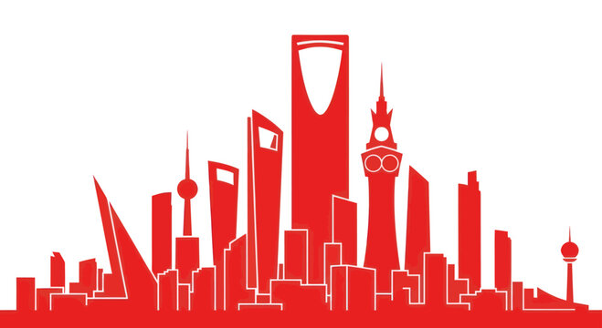 Red Skyline Silhouette of Modern City Buildings, Riyadh Saudi Arabia