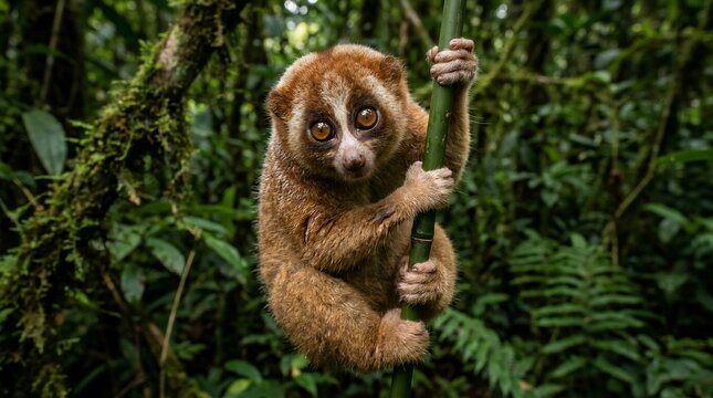 A cute slow loris clinging to a tree branch in a dense tropical jungle.
