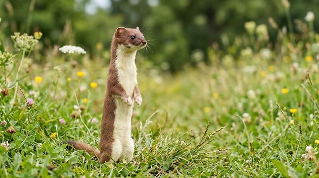 A cute stoat standing upright in a lush green meadow filled with wildflowers.
