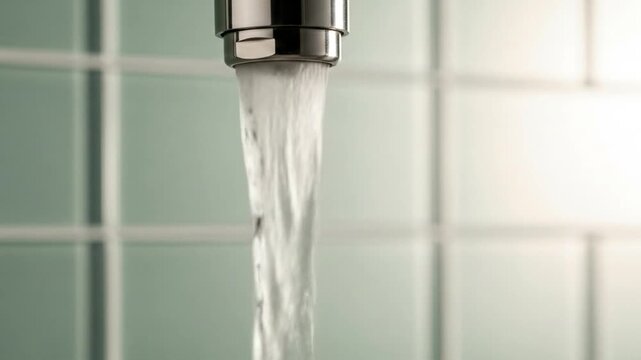 Close-up of a metal faucet pouring a smooth, continuous stream of water into a tiled bathroom, sink