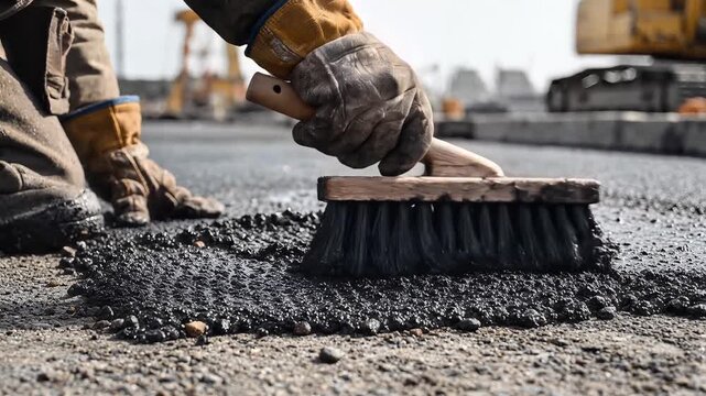 Road worker spreading fresh hot asphalt with brush on city street