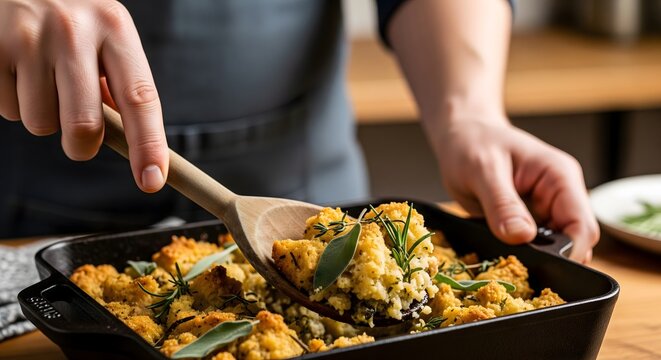 Chef serving freshly baked savory herb stuffing from a black pan