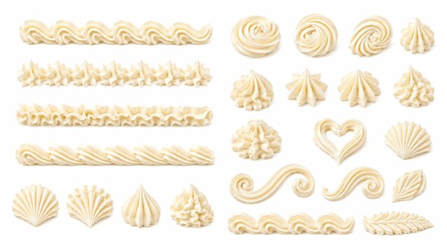 Whipped cream swirls and piping borders set, vanilla buttercream frosting elements, decorative sweet cake topping swirls on white background