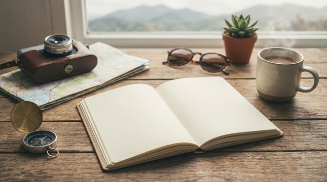 Open notebook on wooden table by window ready for travel planning