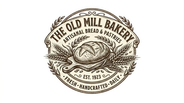 Vintage artisanal bakery logo, hand-drawn bread and wheat emblem, rustic old mill bakery badge for traditional pastry shop branding