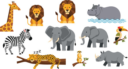 African Safari Wildlife Animal Vector Set Featuring Geometric Lions Elephants Giraffe Zebra Cheetah Hippo and Hornbill Bird © Feroz