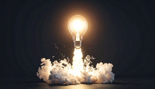 Glowing light bulb launching upward symbolizing innovation and progress