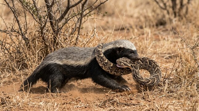 A fierce honey badger hunting and fighting a venomous puff adder snake in the African savanna.