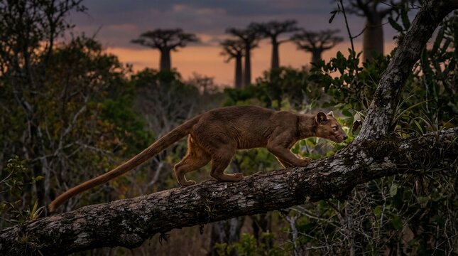 A Fossa prowling on a tree branch in the Madagascar wilderness at dusk.