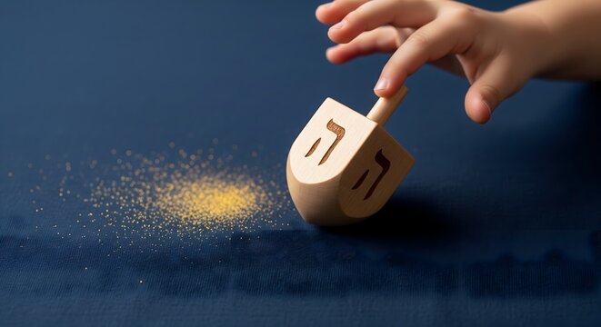 Child hand spinning a wooden dreidel toy on a blue background for Hanukkah