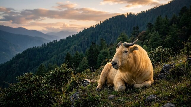 A golden takin resting on a grassy mountainside at sunset.