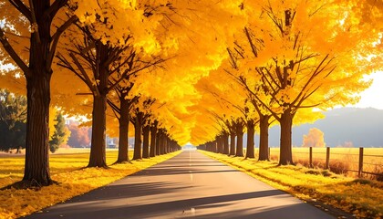 Fototapeta premium A serene autumn road lined with vibrant yellow trees (1)