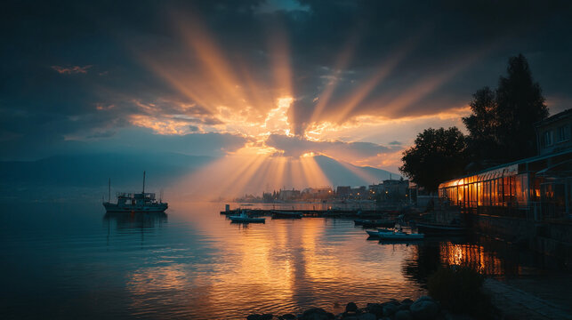 Dramatic sun rays piercing through clouds over calm water at sunset with golden hour, shoreline