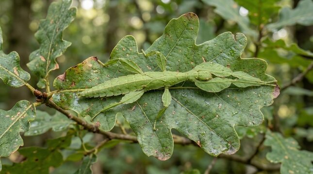 A green leaf insect camouflaged on a textured oak leaf in the forest.