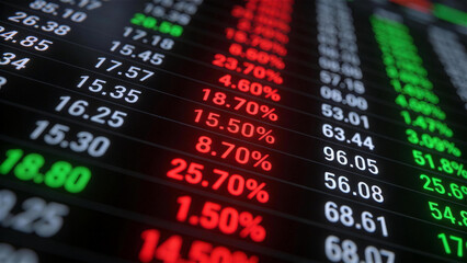 Fototapeta premium Stock Market Volatility: A close-up view of a digital stock market ticker display shows fluctuating stock prices, with many entries in red indicating losses and some in green showing gains.