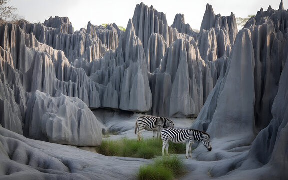 Detailed Geological Formations of Tsingy de Bemaraha, a pair of zebras on the grass. A mountain landscape in the morning.