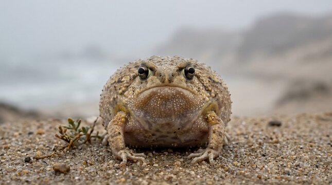 A grumpy desert rain frog sitting on sandy ground in a foggy coastal environment.